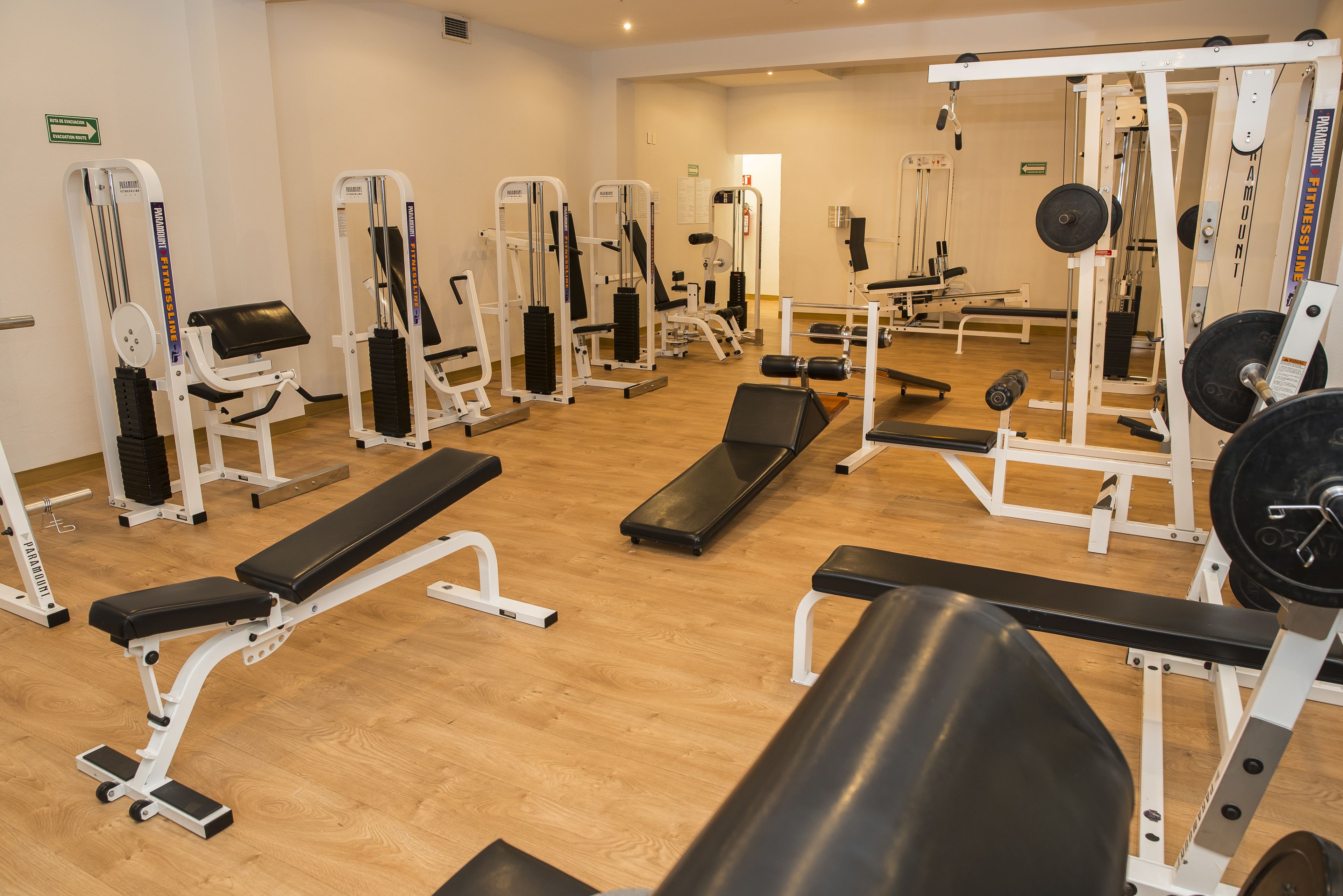 Una palestra con diverse attrezzature per esercizi, tra cui panche, macchinari per pesi e pesi liberi.