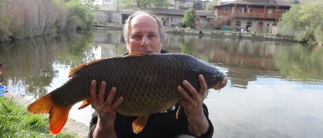 A person holding a large fish by a calm river with buildings in the background.