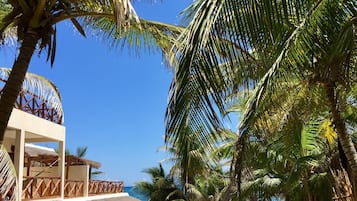 Un área junto a la piscina con sillones de descanso, una estructura de techo de paja y palmeras.