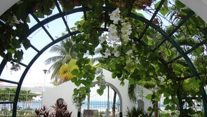 A greenhouse with a view of the sea, featuring a white wall, green plants, and a metal gate.
