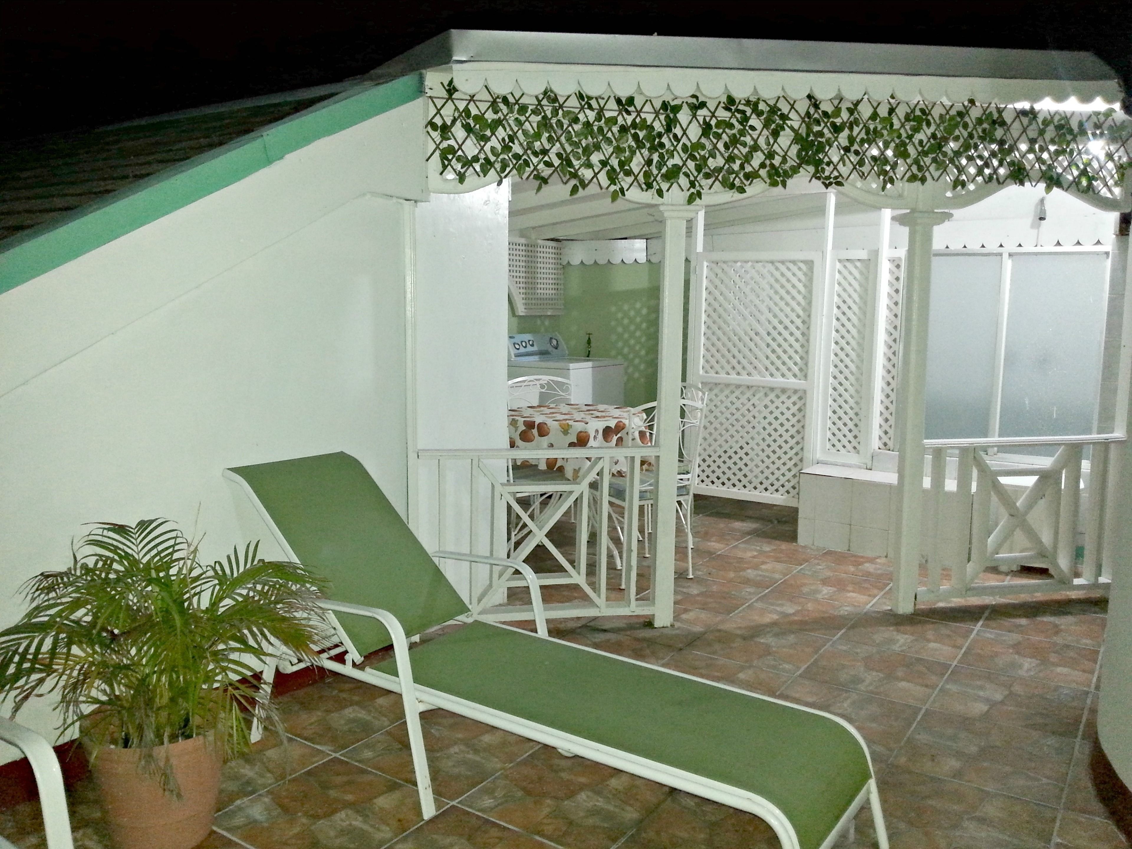 A covered outdoor area with a dining table and chairs, a green cushioned chair, and a potted plant.
