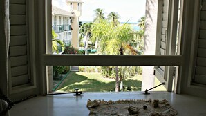 A view from a window with a view of a building, palm trees, and a grassy area.