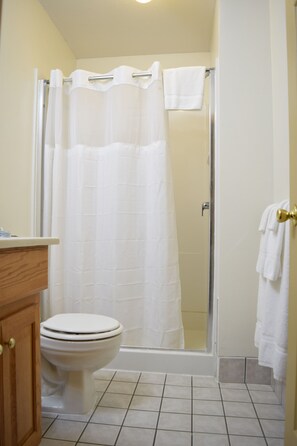 A bathroom with a toilet, a shower with a glass door, and a towel rack. - The Otter Supper Club & Lodge (Ottertail)