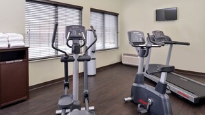 A gym with two elliptical machines, a treadmill, and a towel return station. - Appomattox Inn and Suites (Appomattox)