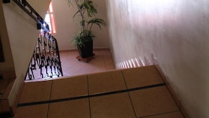Una escalera con barandilla, una planta en maceta y un cuadro en la pared.