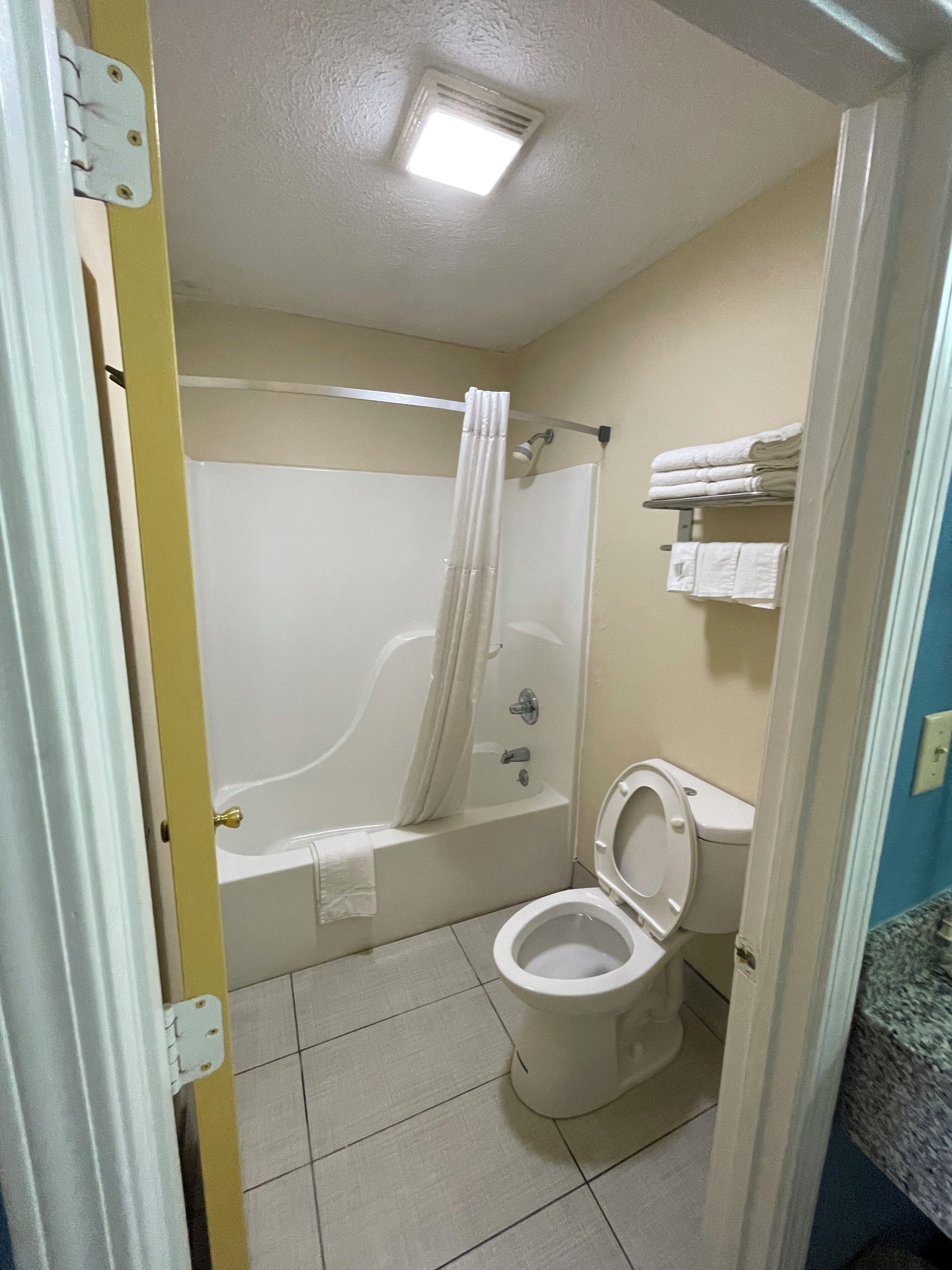 Combined shower/tub, free toiletries, hair dryer, towels