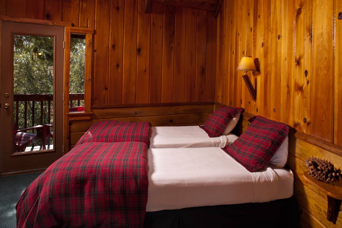 A cabin room with two beds, a wooden wall, a window, and a nightstand with a lamp.