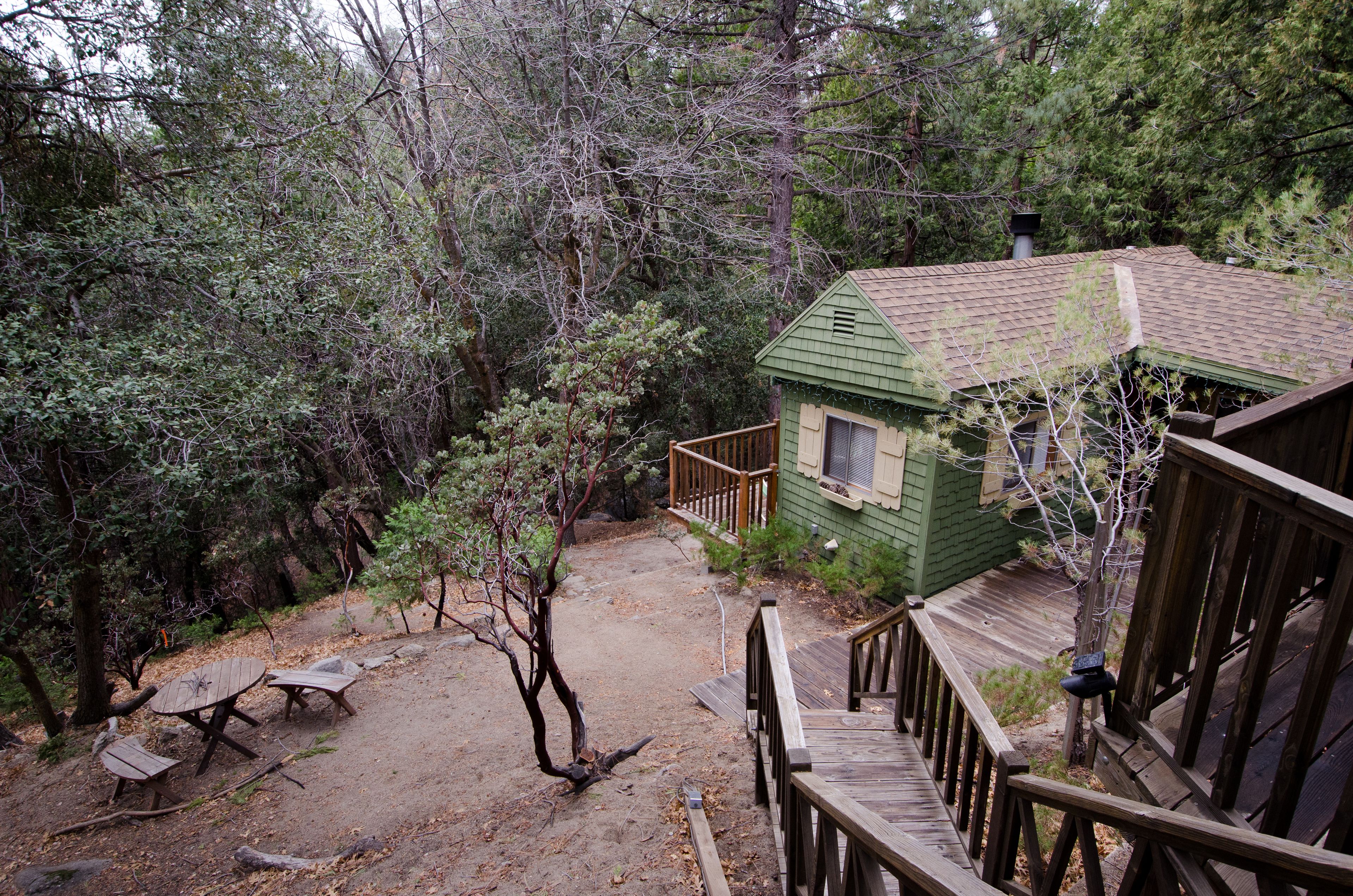 Una cabaña con un sendero de tierra que lleva a una terraza de madera y una mesa de picnic.