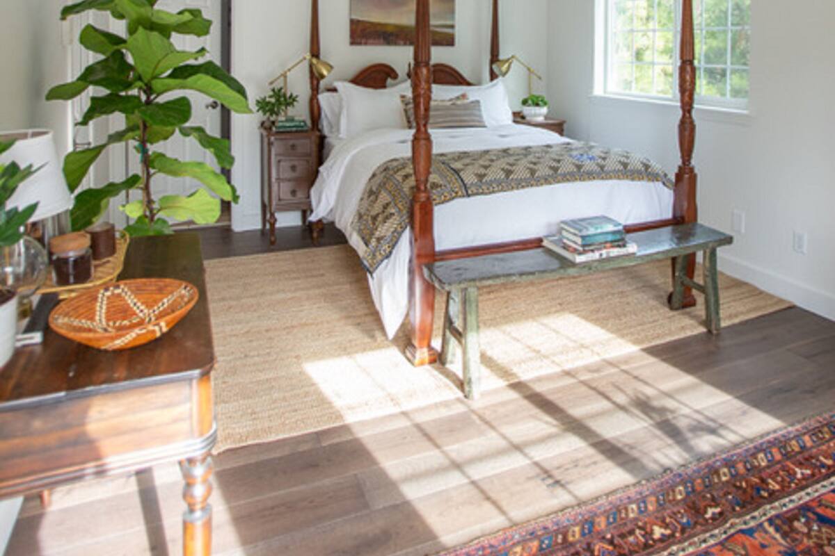 Una cama con dosel, una mesita de noche, una planta grande en maceta y una alfombra estampada en un dormitorio con suelo de madera y una ventana.