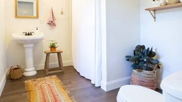 Un baño con lavamanos pedestal, inodoro, cortina de ducha, alfombra y estantes con plantas.