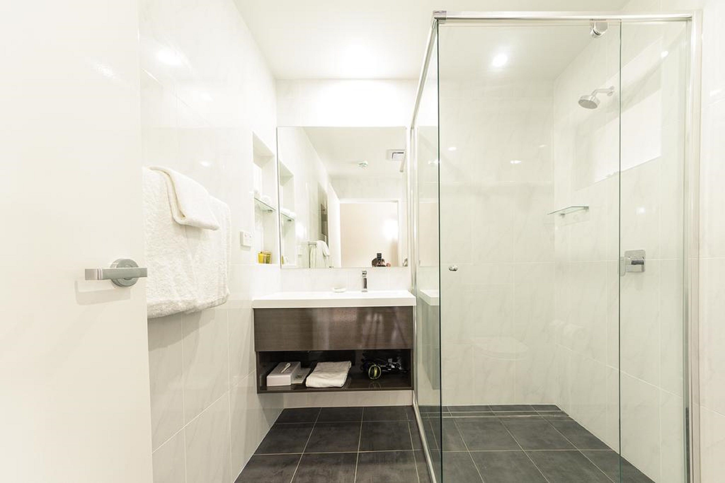 A modern bathroom with a glass shower enclosure, a white sink, and a mirror.