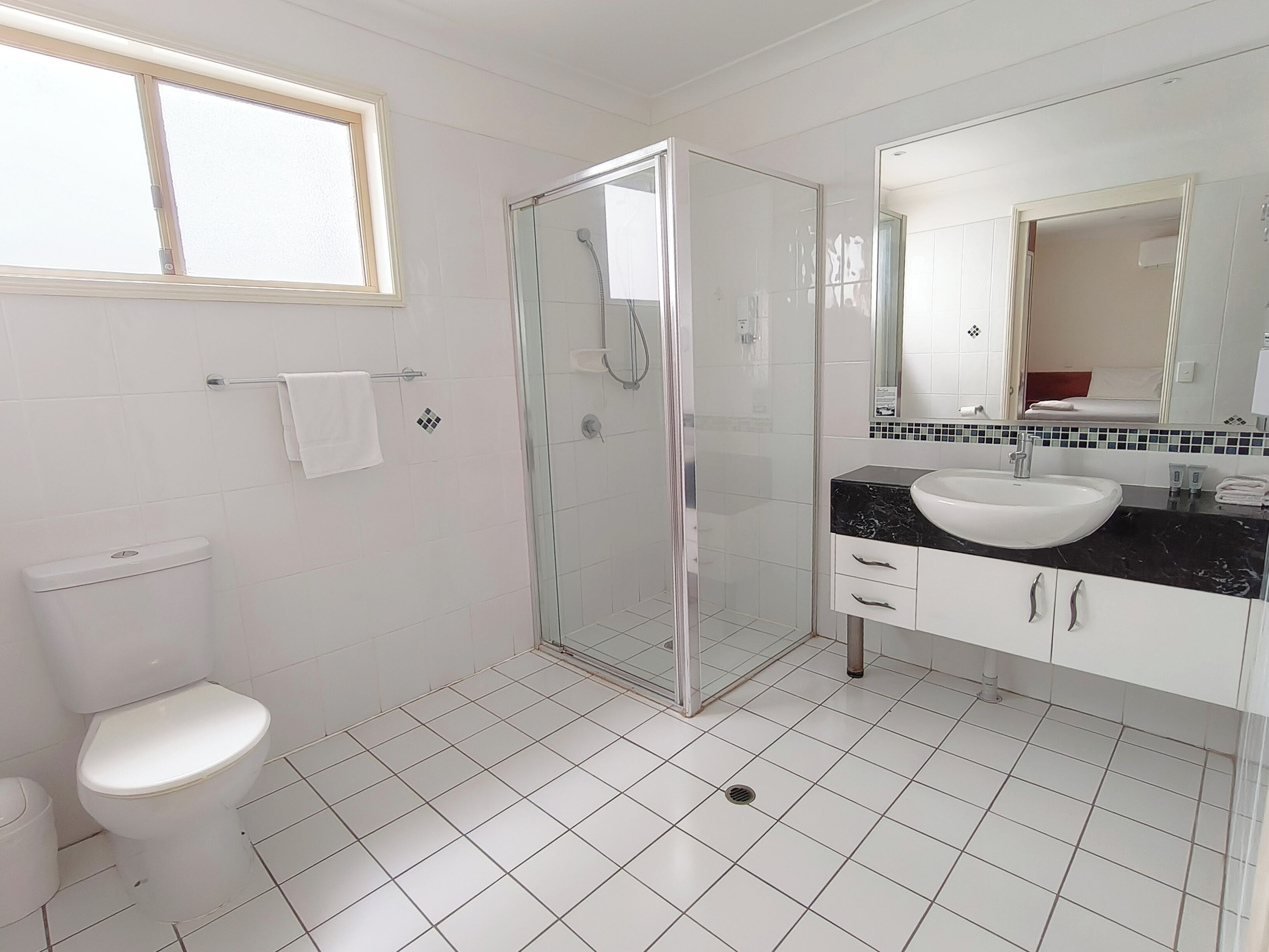 A modern bathroom with a glass-enclosed shower, a white toilet, and a vanity with a sink and mirror.