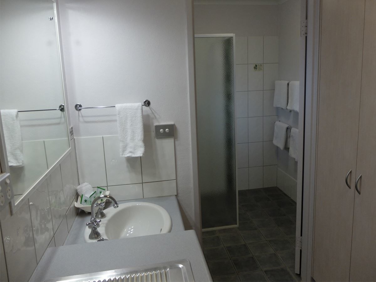 Un baño con lavamanos, espejo y ducha.