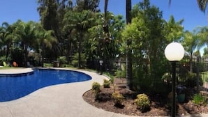 A swimming pool with a curved design, surrounded by a landscaped garden with palm trees and a fence.