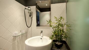 A bathroom with a white sink, a handheld showerhead, a mirror, and a bamboo plant.