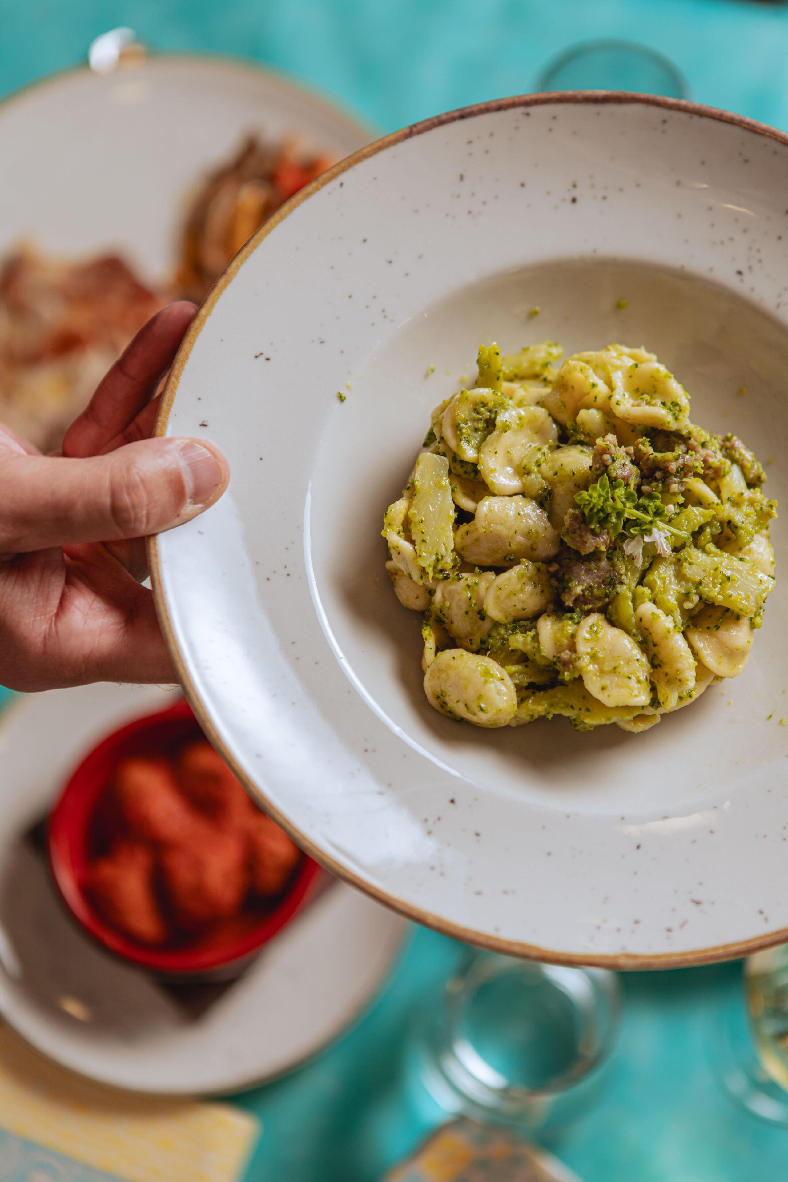 A plate of pasta with a green sauce, held by a hand.
