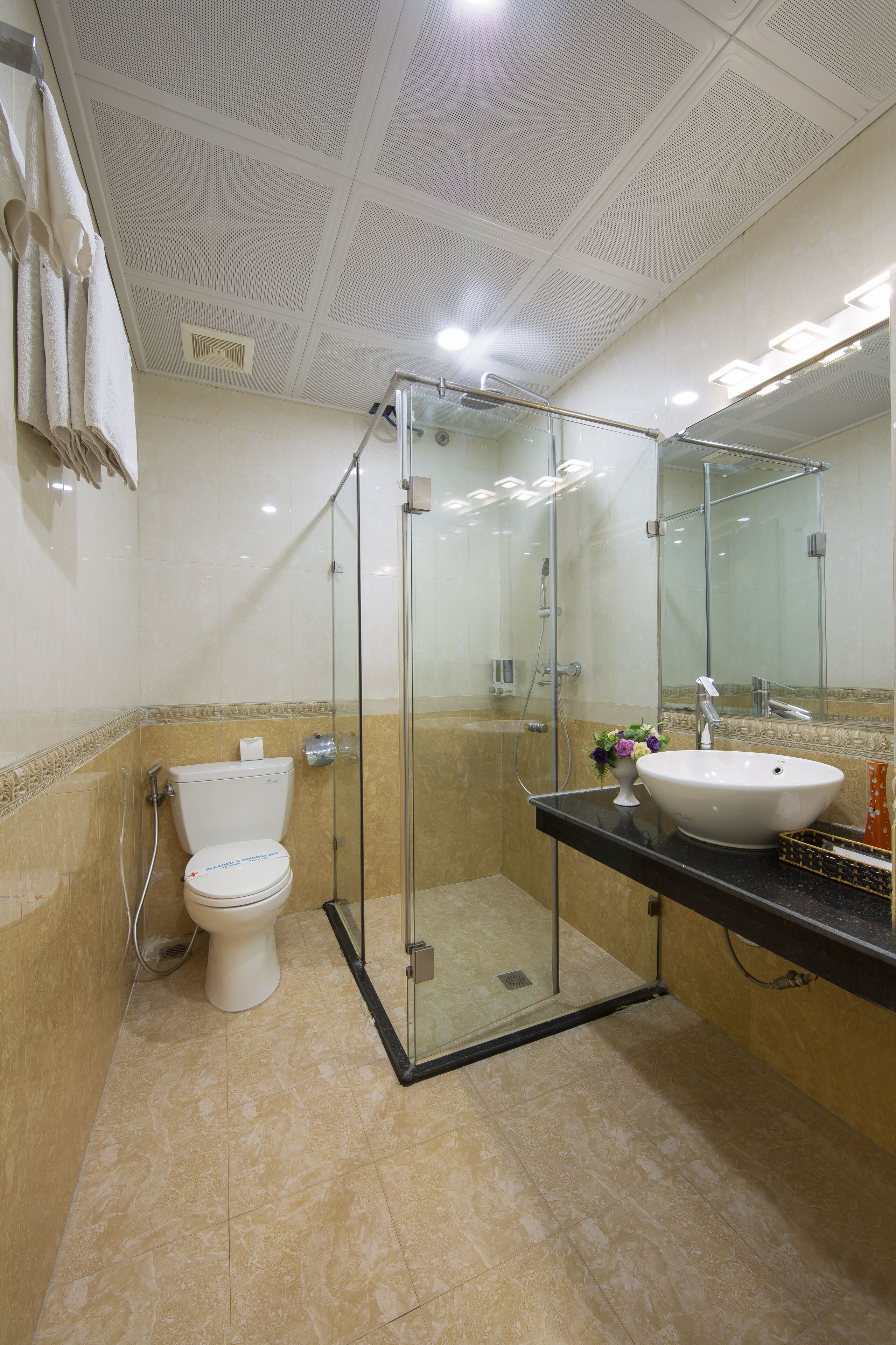 Une salle de bain avec une douche à parois de verre, des toilettes blanches et un lavabo avec un miroir au-dessus.