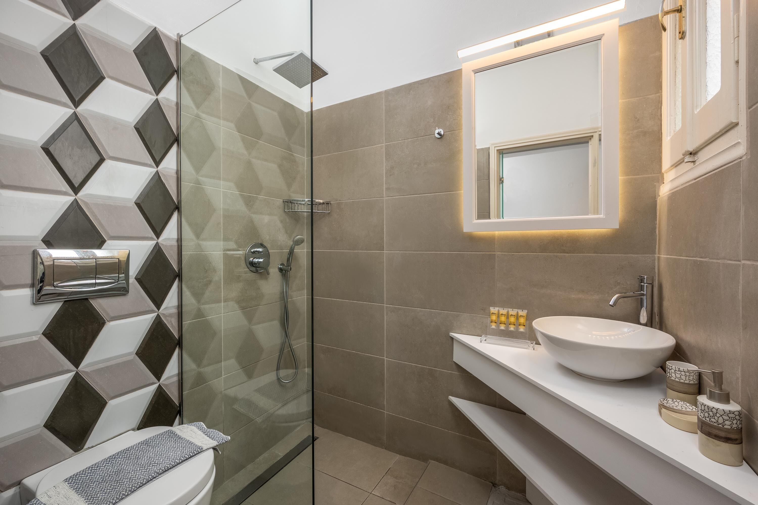 A bathroom with a glass shower enclosure, a toilet, a sink with a vessel basin, and a mirror with a light.