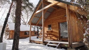 Een houten chalet met een overdekte veranda en grote ramen.