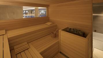 A wooden sauna with benches, a window, and a stone basin.