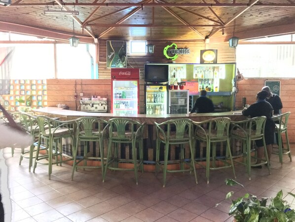 A bar area with green chairs, a refrigerator stocked with beverages, and a sign for 'TUBORG'.