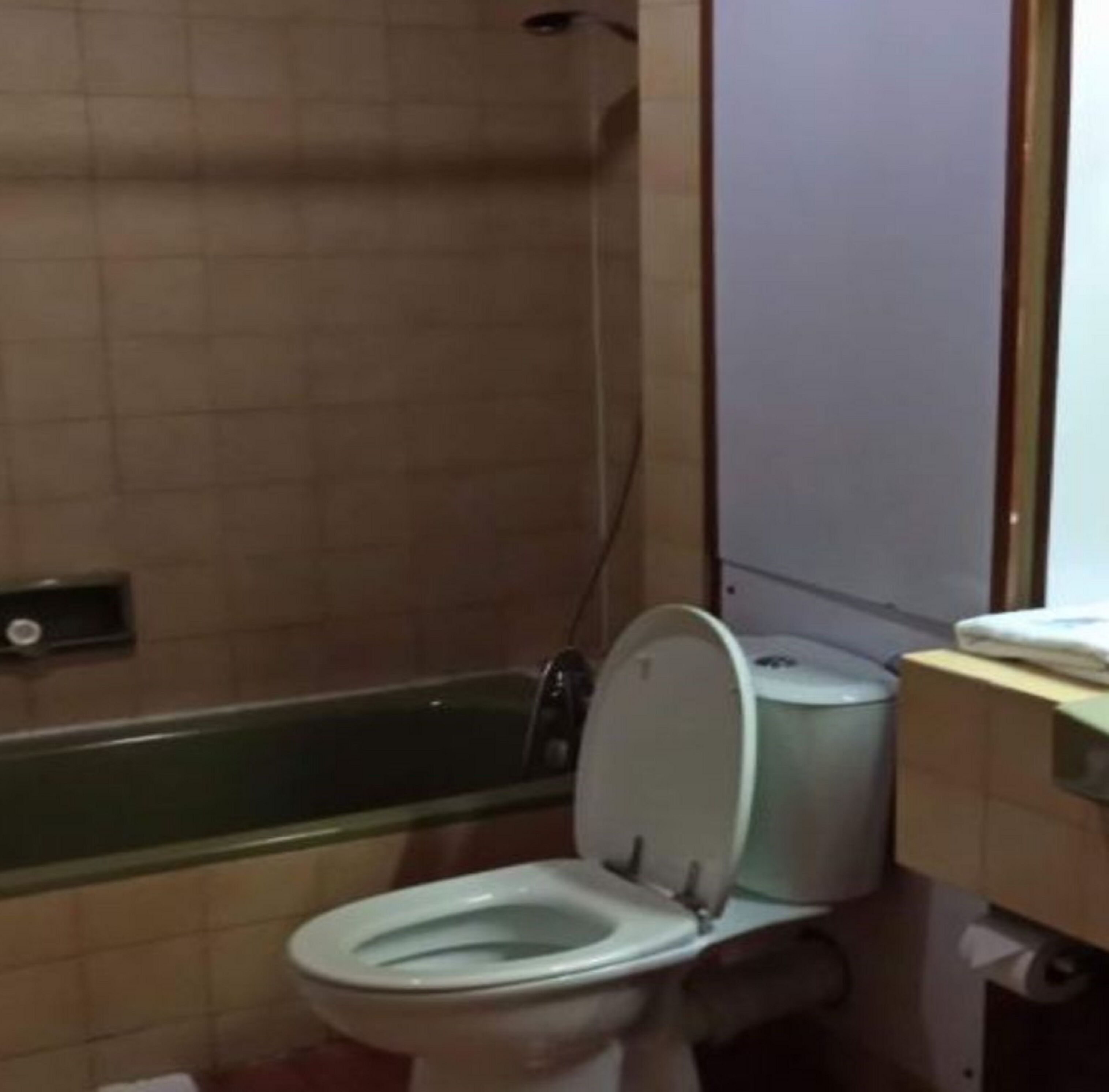 A bathroom with a toilet, a shower, and a sink.