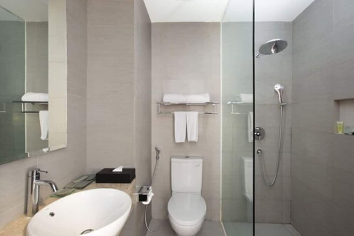 Shower, free toiletries, slippers, towels