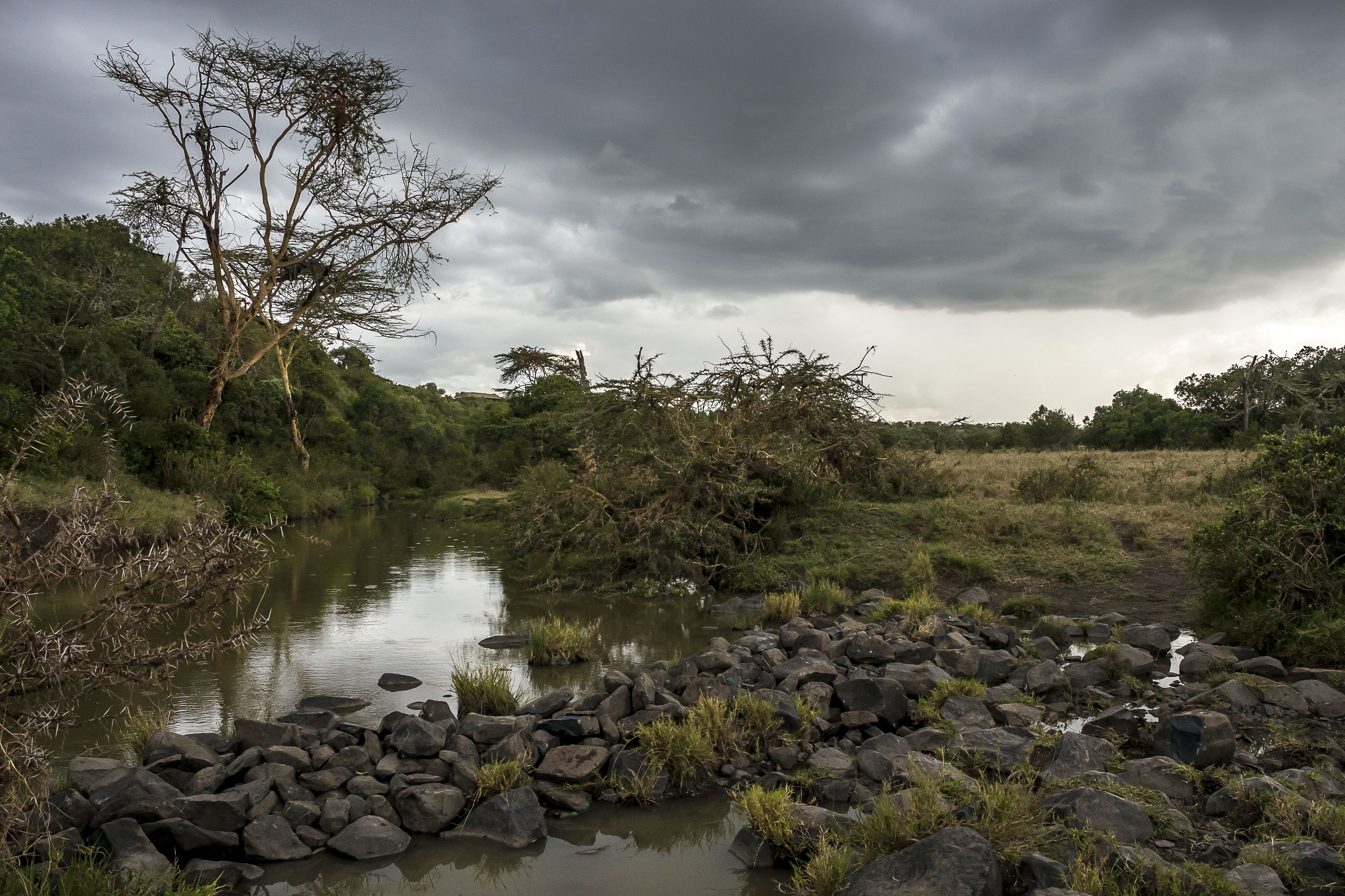 A natural landscape with a river, rocks, and trees.