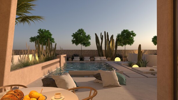 Un espace aménagé au bord de la piscine, avec une table, des chaises et diverses plantes.
