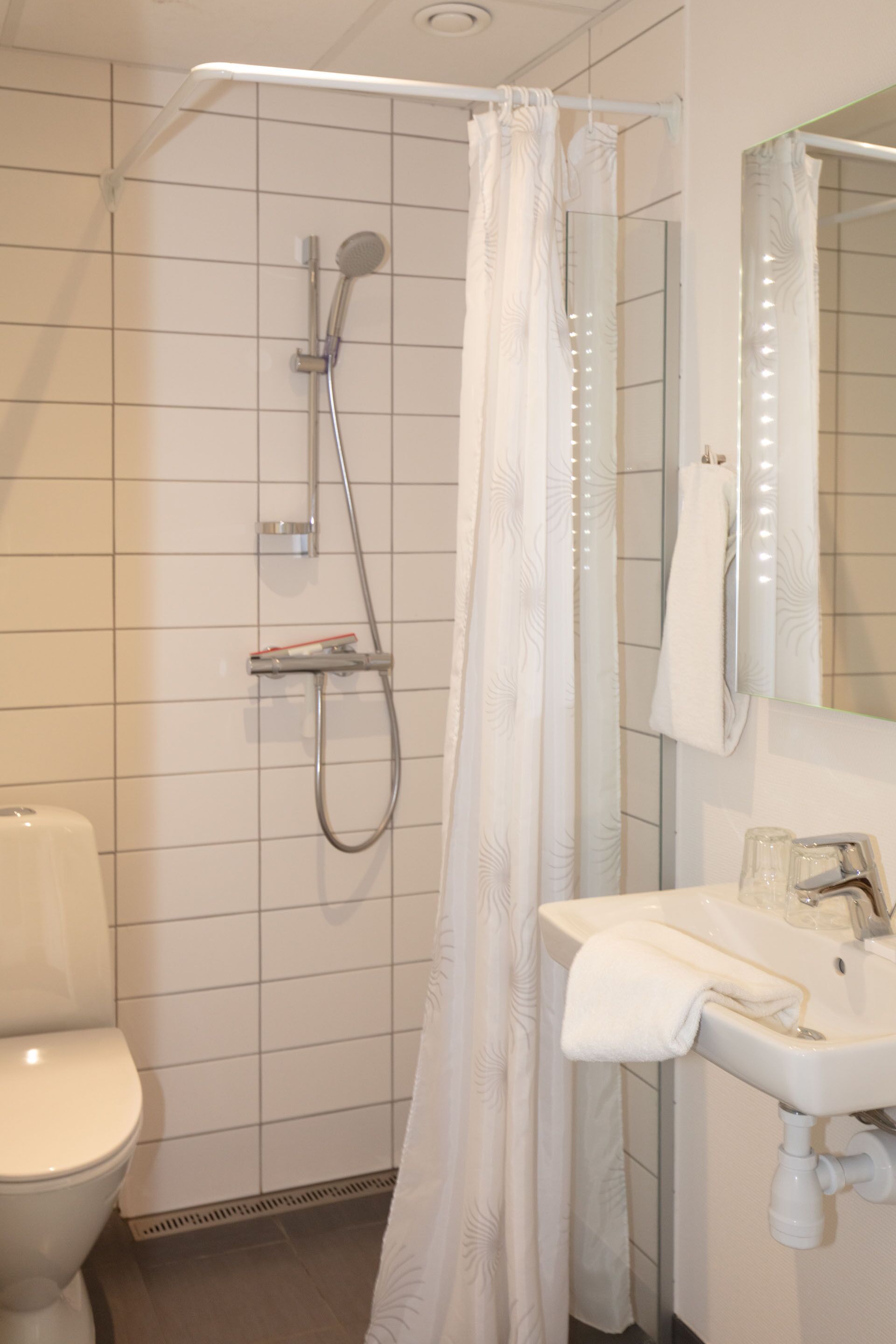 A bathroom with a shower, toilet, and sink.