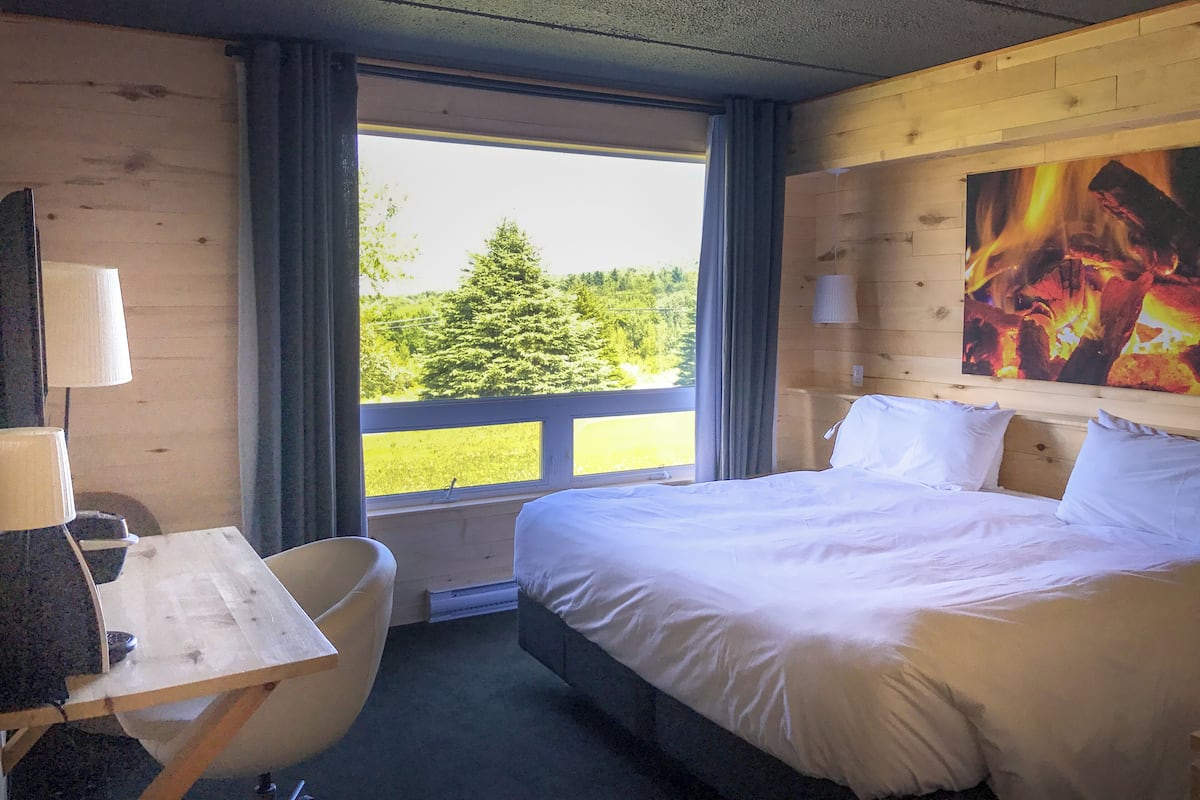 Une chambre d’hôtel avec un lit, un bureau, une chaise, une fenêtre donnant sur des arbres et un tableau au mur.
