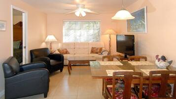 40-inch flat-screen TV with cable channels, TV, DVD player