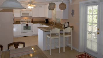 Full-sized fridge, microwave, stovetop, coffee/tea maker