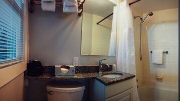 A bathroom with a granite countertop sink, a toilet, a mirror, and a shower.