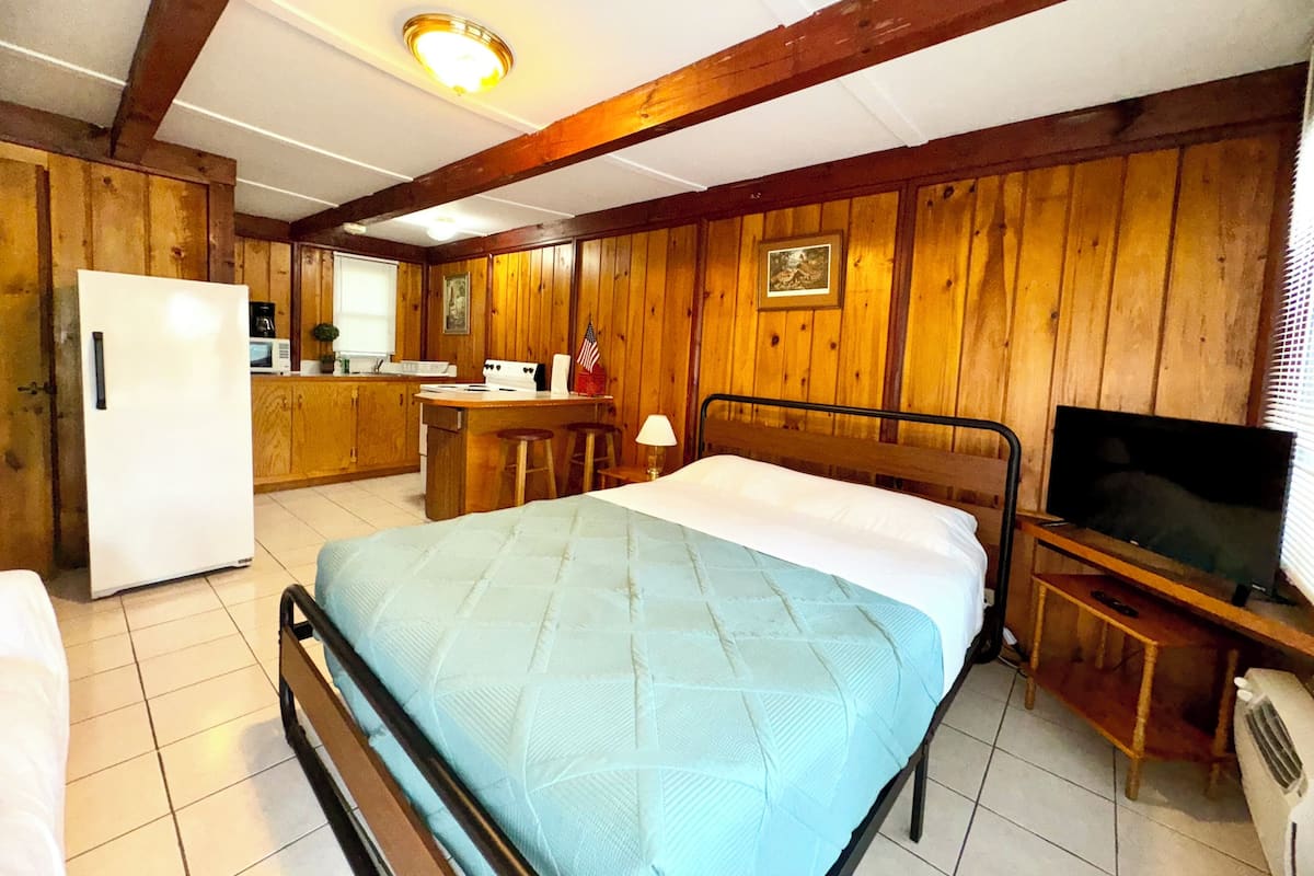 A room with a bed, a TV, a small kitchen area, and wooden walls.