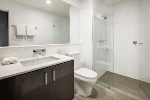 Shower, free toiletries, hair dryer, towels