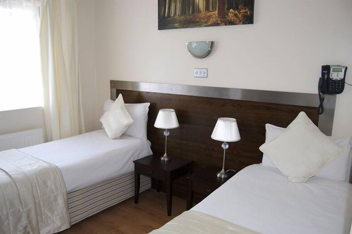 A hotel room with two single beds, a bedside table with lamps, a phone, and a painting on the wall.