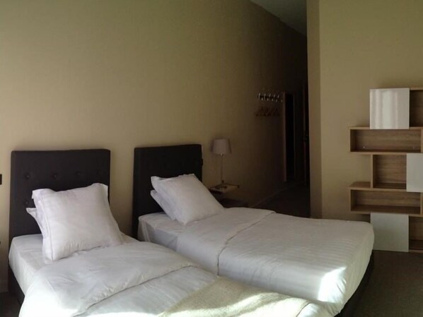 A hotel room with two single beds, a bedside table with a lamp, and a wooden shelf unit. - Dans Les Vignes (Chamery)