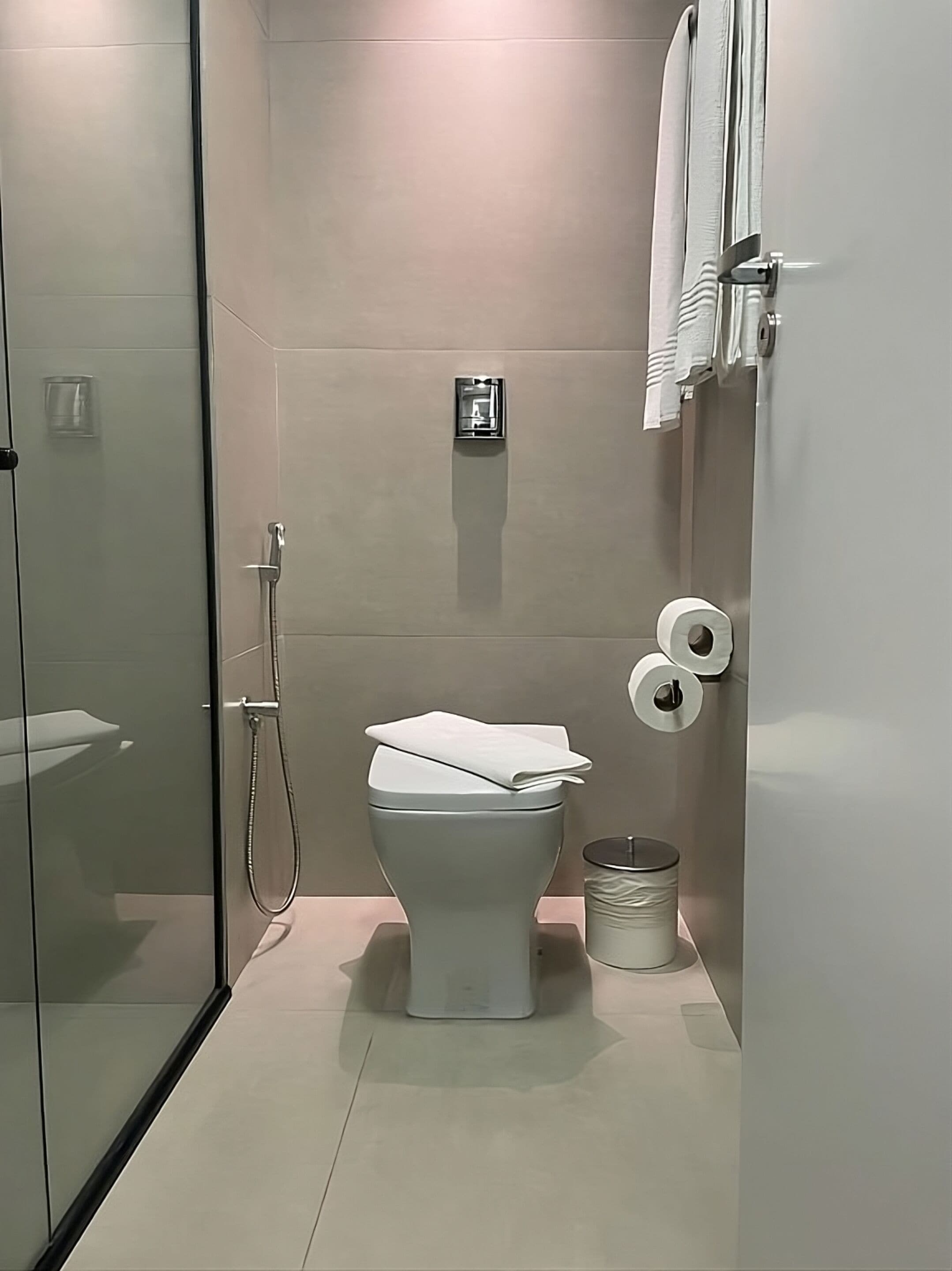 Et moderne badeværelse med toilet, glasvæg omkring bruseren og et håndklædetørrestativ.