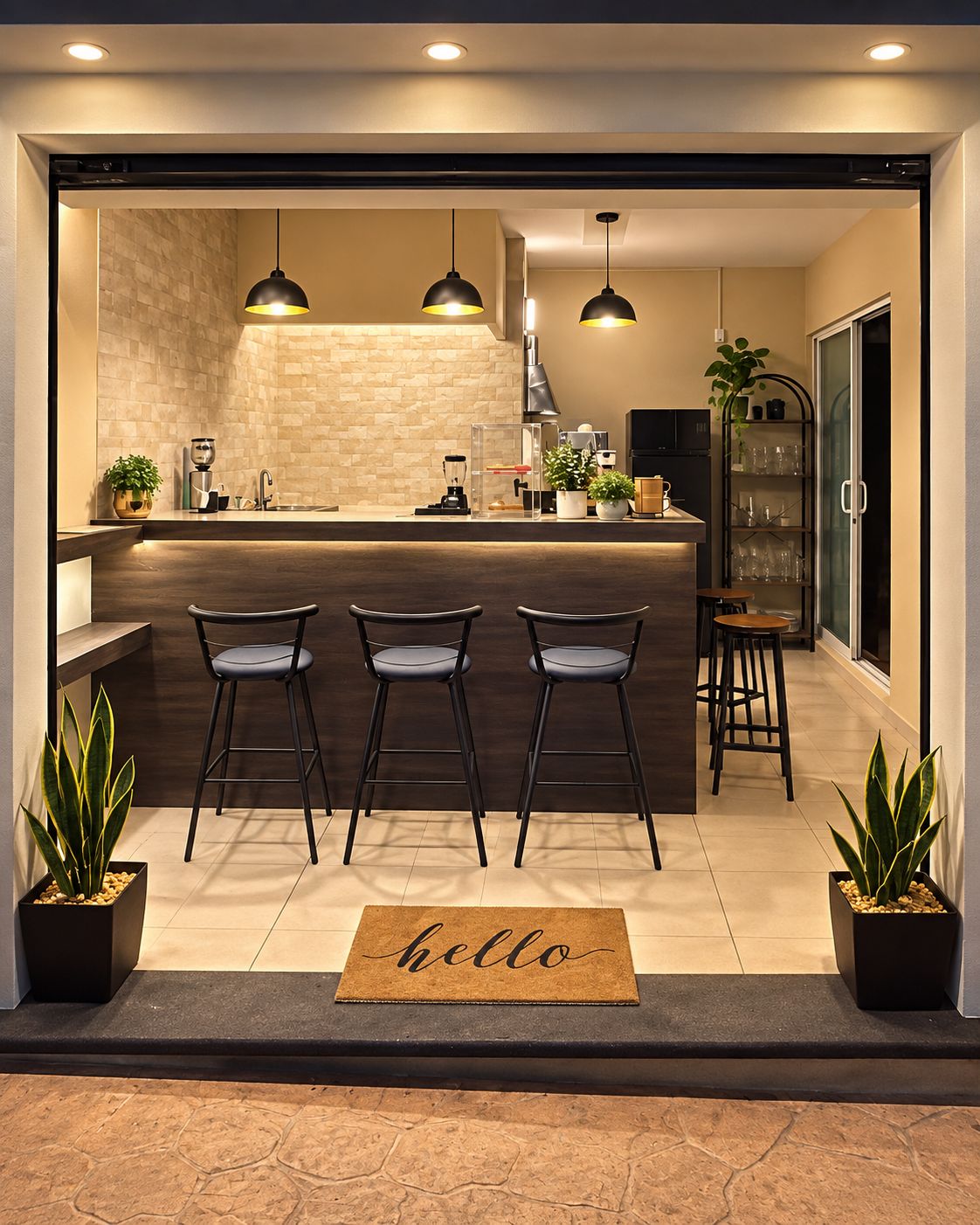 A modern kitchen with a bar area, featuring a central island, bar stools, pendant lighting, and potted plants.