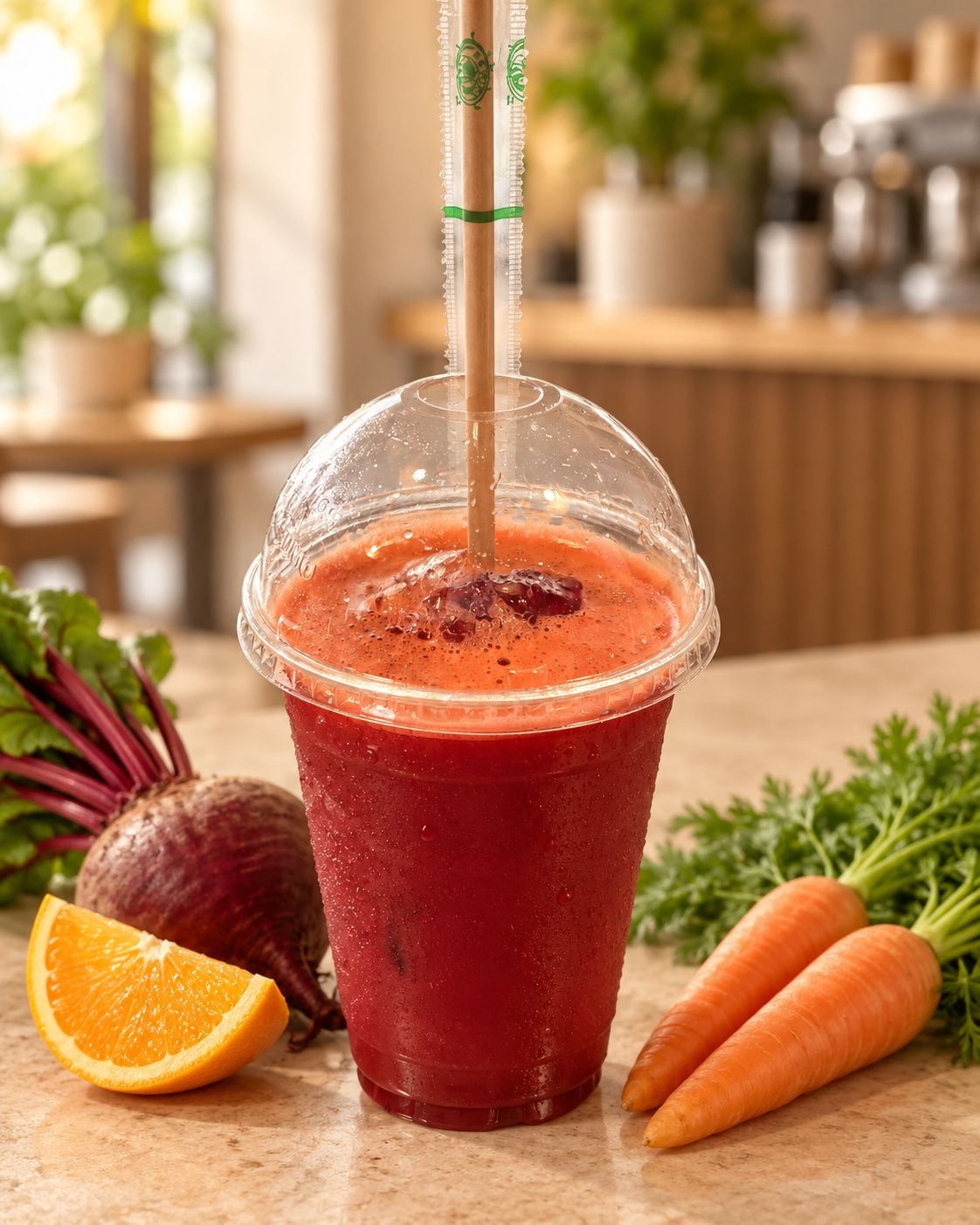 Un gobelet en plastique transparent avec une paille, contenant une boisson rouge, est posé sur un comptoir, à côté d’une betterave, d’une tranche d’orange et de deux carottes.