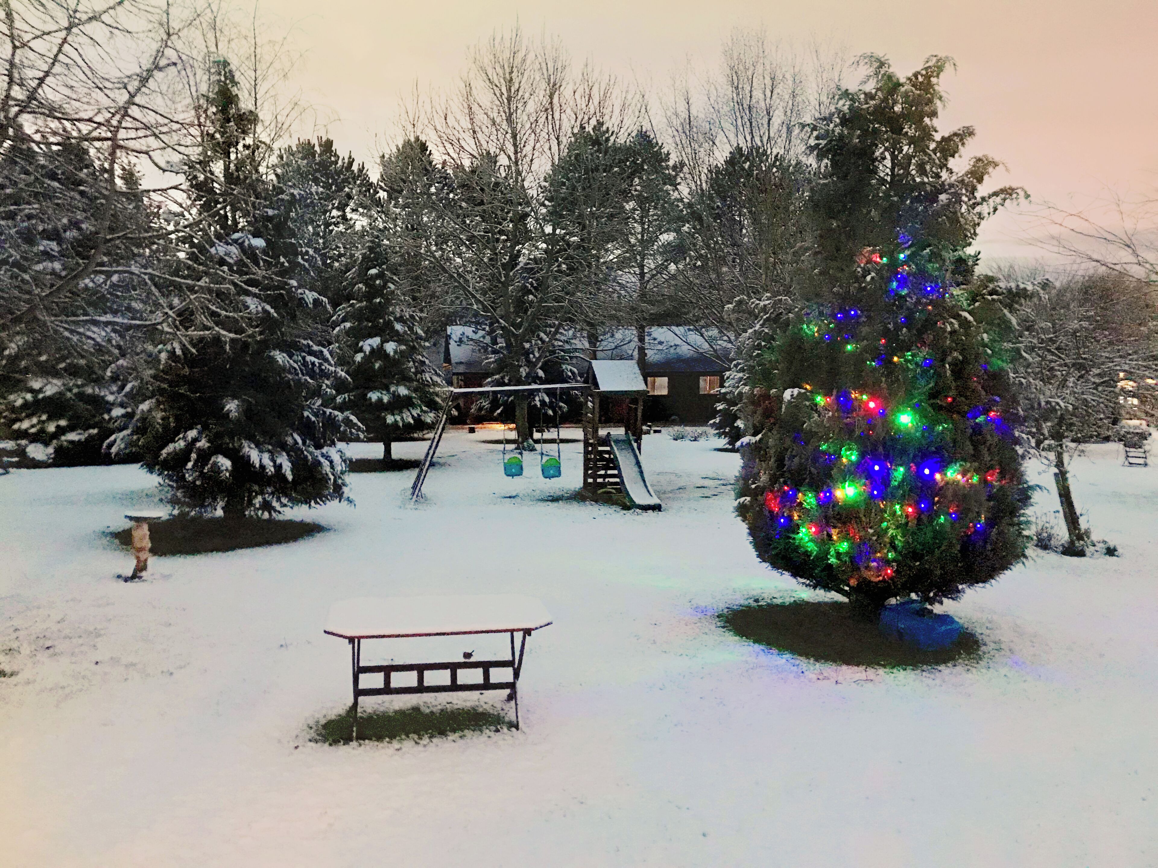 Paisaje nevado con un columpio y un árbol de Navidad decorado.
