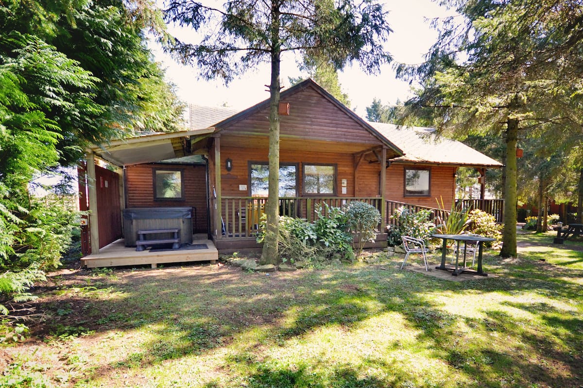 A cabin with a porch, a fireplace, and a small deck area.