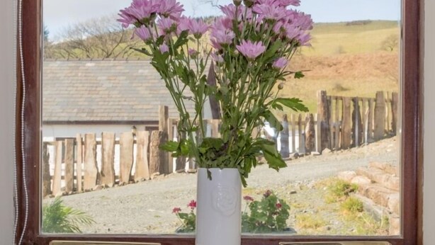 Un jarrón blanco con flores moradas sobre un alféizar.