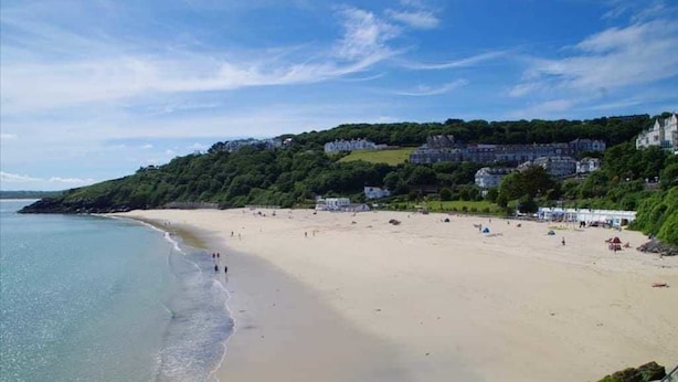 A wide sandy beach with a clear blue sky and a forested hill in the background. - Thurlestone Guest House (St Ives)
