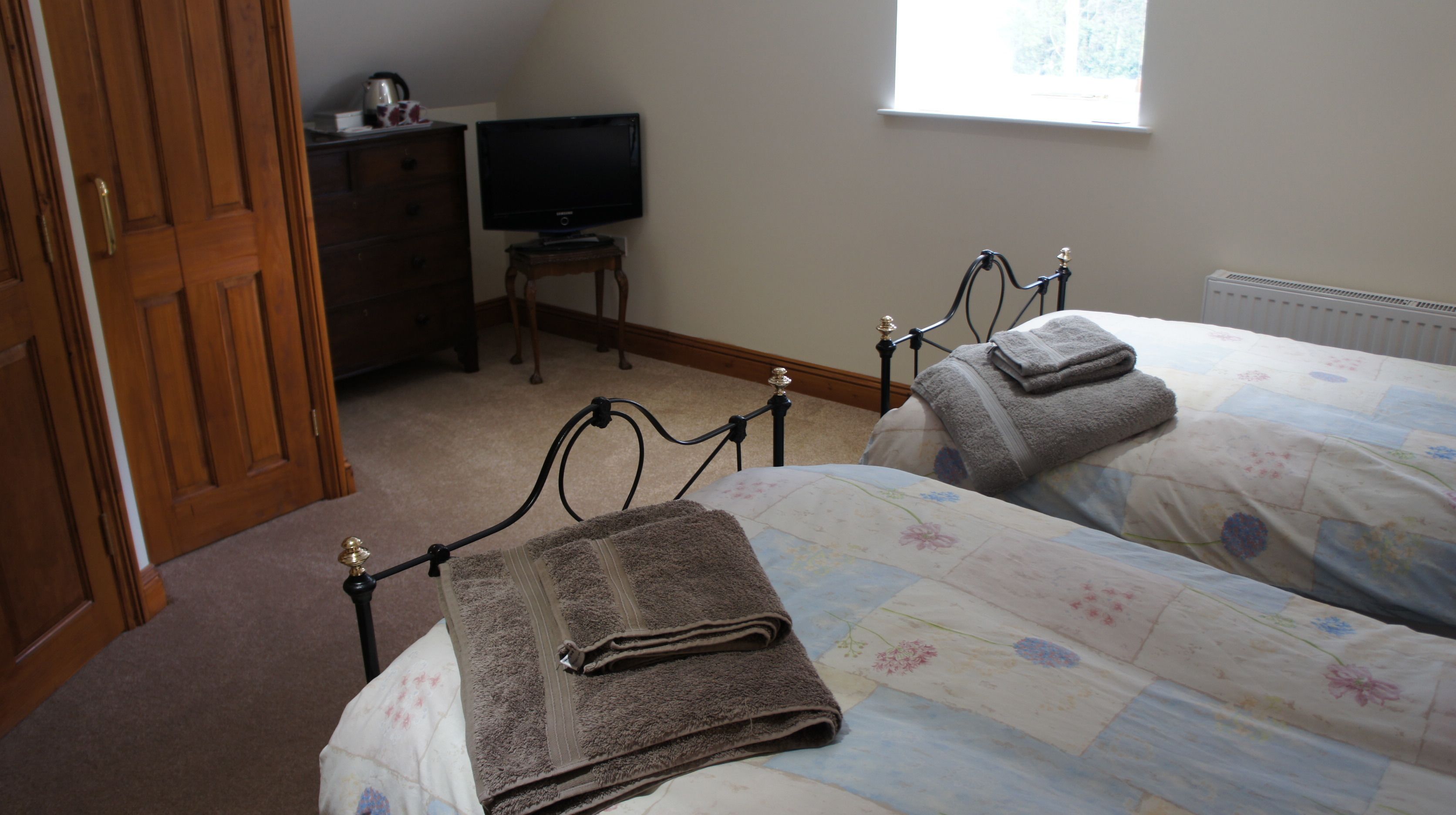 A bedroom with two beds, a television on a stand, a dresser, and a window.