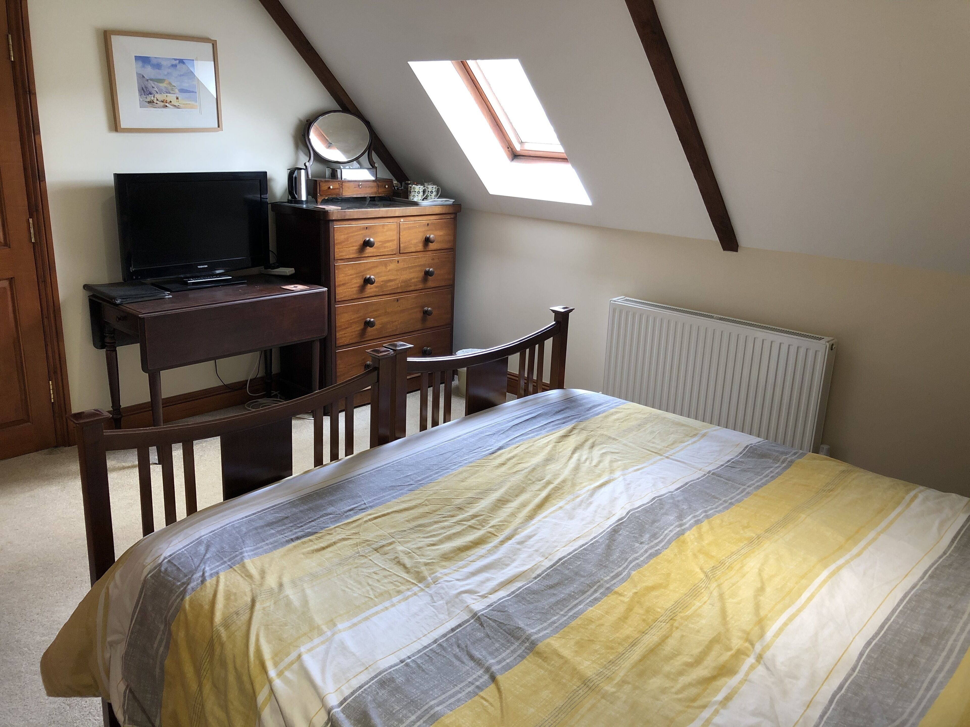 A bedroom with a bed, a desk, a dresser, a television, and a skylight.
