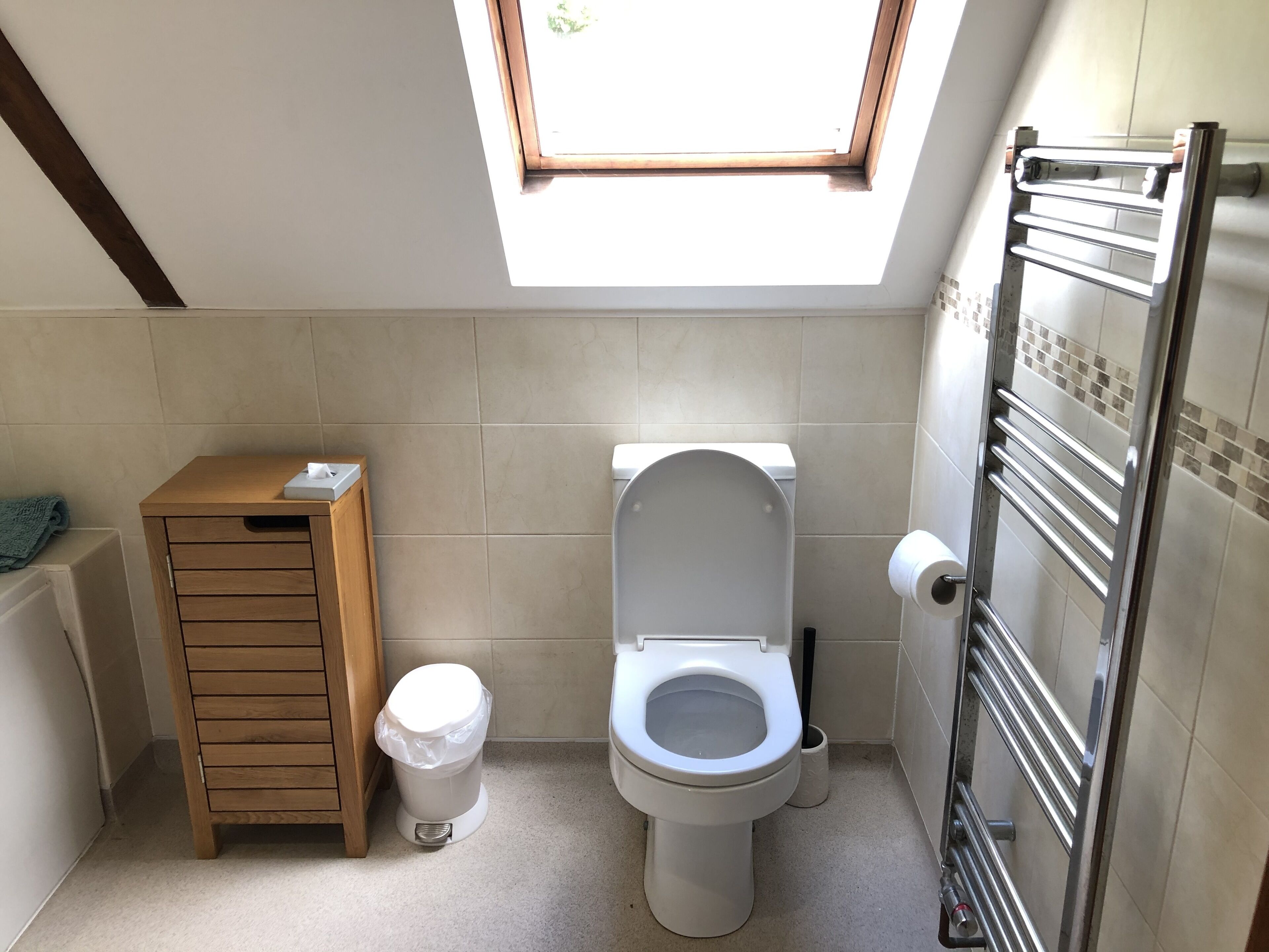 A small, compact bathroom with a skylight, a toilet, a wooden cabinet, and a towel rack.