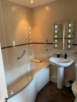 Combined shower/bathtub, free toiletries, hair dryer, towels