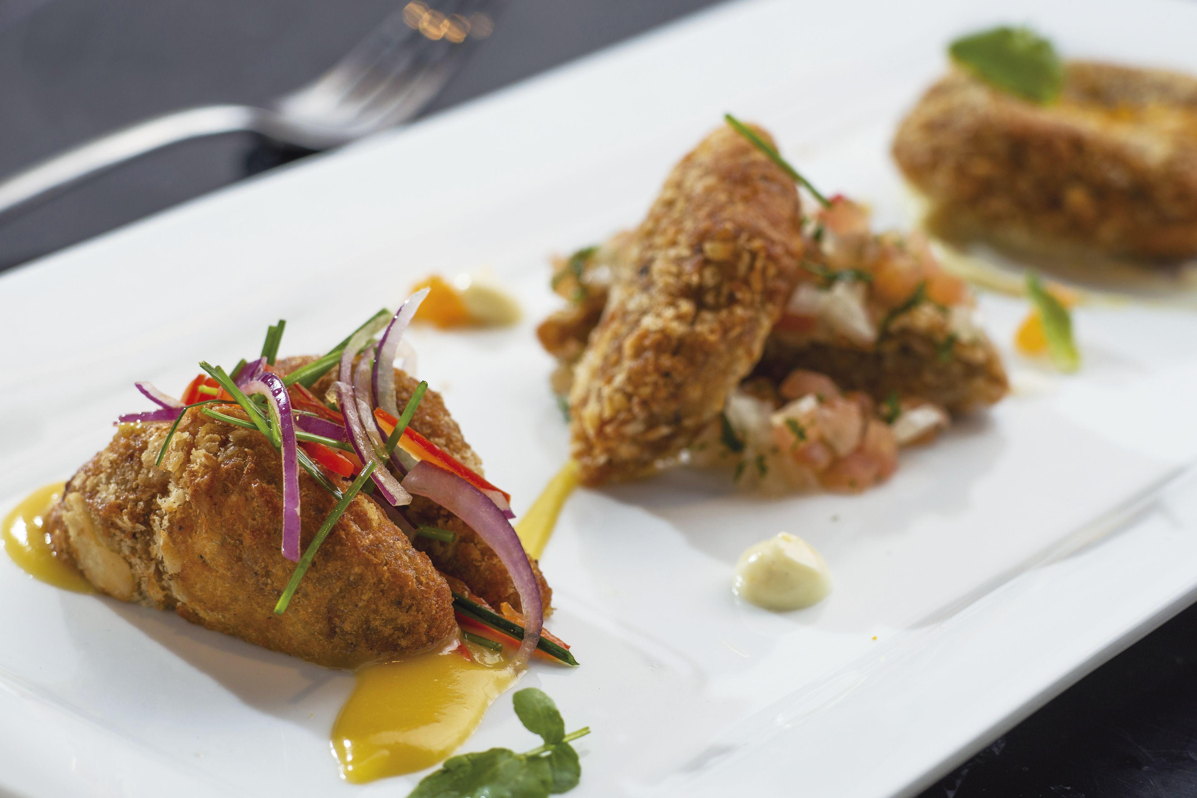 Une assiette blanche contenant deux morceaux de poulet pané, garnis d’oignons rouges et d’herbes, et une cuillerée de sauce.